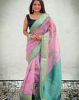 Baby Pink Tissue Crush Silk Floral Printed Saree with Zari Woven Border