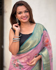 Baby Pink Tissue Crush Silk Floral Printed Saree with Zari Woven Border