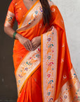 Orange Chandrakor Paithani Silk Banarasi Zari Woven Saree