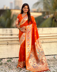 Orange Chandrakor Paithani Silk Banarasi Zari Woven Saree