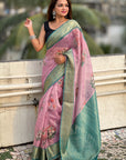 Baby Pink Tissue Crush Silk Floral Printed Saree with Zari Woven Border