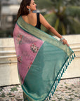 Baby Pink Tissue Crush Silk Floral Printed Saree with Zari Woven Border