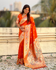 Orange Chandrakor Paithani Silk Banarasi Zari Woven Saree