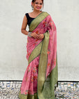 Pink Tissue Crush Silk Floral Printed Saree with Zari Woven Border