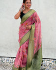 Pink Tissue Crush Silk Floral Printed Saree with Zari Woven Border