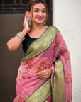 Pink Tissue Crush Silk Floral Printed Saree with Zari Woven Border