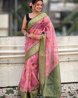 Pink Tissue Crush Silk Floral Printed Saree with Zari Woven Border