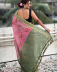 Pink Tissue Crush Silk Floral Printed Saree with Zari Woven Border