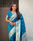 Rama Blue Chandrakor Paithani Silk Banarasi Zari Woven Saree