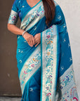 Rama Blue Chandrakor Paithani Silk Banarasi Zari Woven Saree
