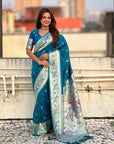 Rama Blue Chandrakor Paithani Silk Banarasi Zari Woven Saree