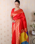 Red Soft Silk Banarasi Multicolor Pallu Zari Woven Saree