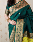 Bottle Green Soft Silk Banarasi Multicolor Pallu Zari Woven Saree
