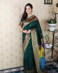 Bottle Green Soft Silk Banarasi Multicolor Pallu Zari Woven Saree