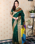 Bottle Green Soft Silk Banarasi Multicolor Pallu Zari Woven Saree