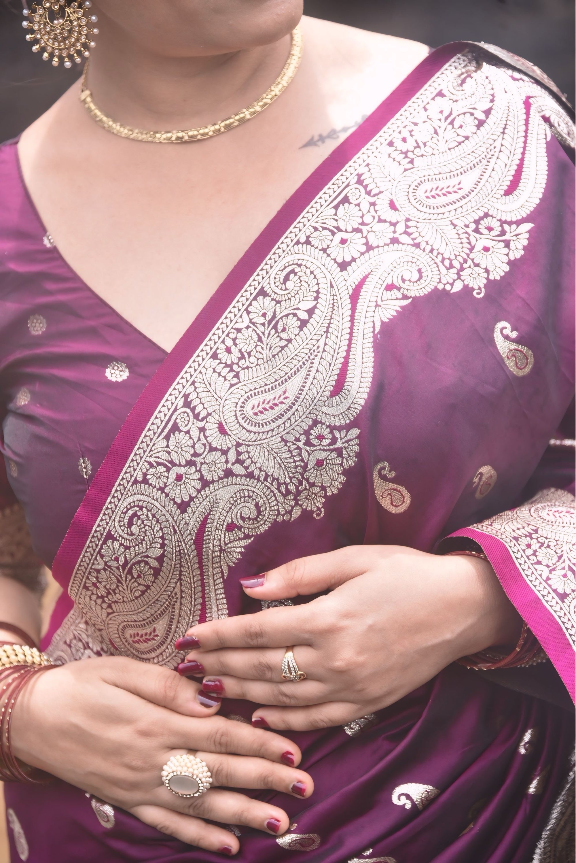 Kajal in our Wine Banarasi Soft Silk Silver Zari Woven Saree
