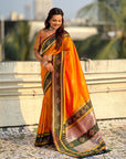 Orange Soft Silk Traditional Zari Contrast Woven Saree