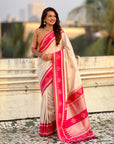 Cream Soft Silk Traditional Zari Contrast Woven Saree