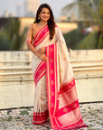 Cream Soft Silk Traditional Zari Contrast Woven Saree