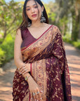 Dark Maroon Banarasi Jaal Katan Silk Zari Woven Saree