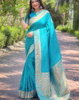 Pacific Blue Banarasi Katan Silk Zari Woven Saree