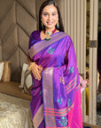 Violet Soft Silk Ikkat Patola Saree with Meenakari Motifs Peacock Pallu and Gold Zari Border