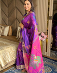Violet Soft Silk Ikkat Patola Saree with Meenakari Motifs Peacock Pallu and Gold Zari Border