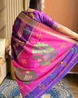 Violet Soft Silk Ikkat Patola Saree with Meenakari Motifs Peacock Pallu and Gold Zari Border