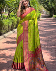 Pista Green Contrast Zari Woven Peacock Yeola Paithani Silk Saree