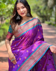 Purple Contrast Zari Woven Peacock Yeola Paithani Silk Saree