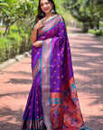 Purple Contrast Zari Woven Peacock Yeola Paithani Silk Saree