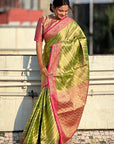 Green Kanjivaram Tissue Silk Leheriya Traditional Zari Woven Saree