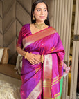 Magenta Soft Silk Ikkat Patola Saree with Meenakari Motifs Peacock Pallu and Gold Zari Border