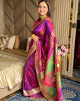 Magenta Soft Silk Ikkat Patola Saree with Meenakari Motifs Peacock Pallu and Gold Zari Border