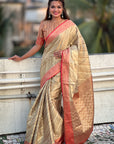 Cream Kanjivaram Tissue Silk Leheriya Traditional Zari Woven Saree