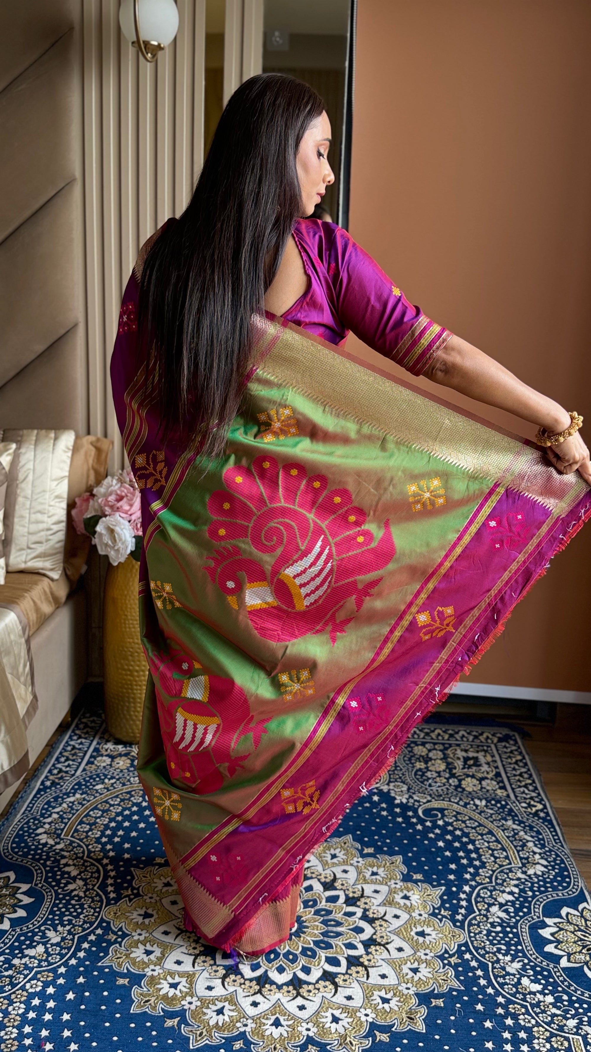 Magenta Soft Silk Ikkat Patola Saree with Meenakari Motifs Peacock Pallu and Gold Zari Border
