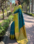 Sea Blue Soft Silk Floral Border Contrast Zari Woven Saree