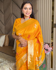 Orange Soft Silk Ikkat Patola Saree with Meenakari Motifs Peacock Pallu and Gold Zari Border
