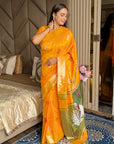 Orange Soft Silk Ikkat Patola Saree with Meenakari Motifs Peacock Pallu and Gold Zari Border