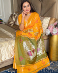 Orange Soft Silk Ikkat Patola Saree with Meenakari Motifs Peacock Pallu and Gold Zari Border