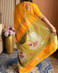 Orange Soft Silk Ikkat Patola Saree with Meenakari Motifs Peacock Pallu and Gold Zari Border