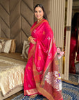 Pink Soft Silk Ikkat Patola Saree with Meenakari Motifs Peacock Pallu and Gold Zari Border
