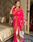 Pink Soft Silk Ikkat Patola Saree with Meenakari Motifs Peacock Pallu and Gold Zari Border