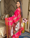 Pink Soft Silk Ikkat Patola Saree with Meenakari Motifs Peacock Pallu and Gold Zari Border