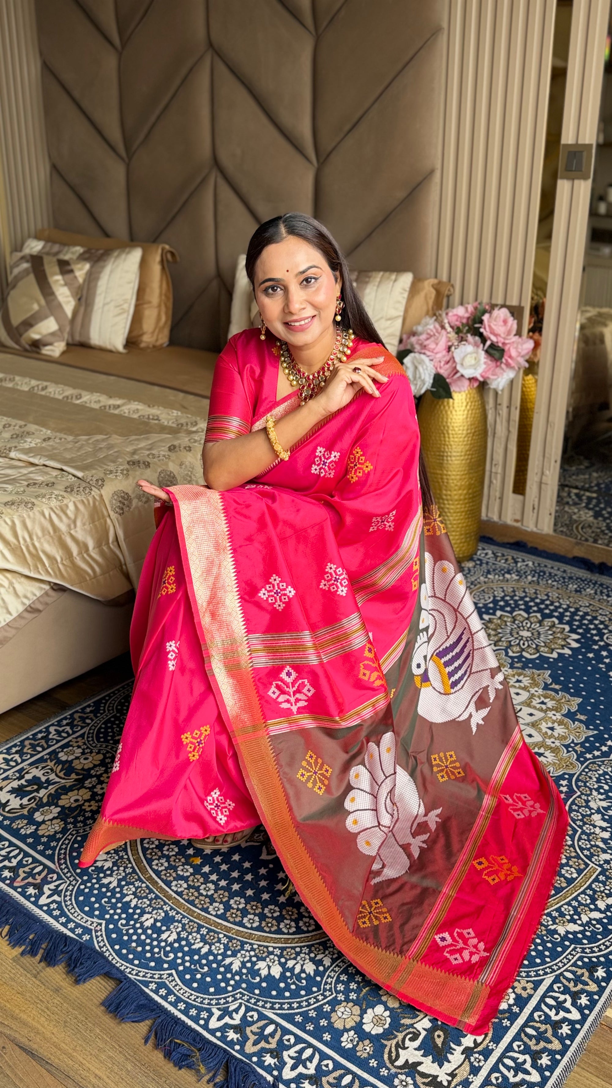 Pink Soft Silk Ikkat Patola Saree with Meenakari Motifs Peacock Pallu and Gold Zari Border