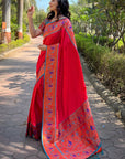 Red Original Meenakari Muniya Paithani Silk Zari Woven Saree