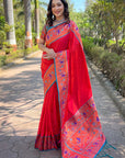 Red Original Meenakari Muniya Paithani Silk Zari Woven Saree