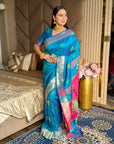 Rama Soft Silk Ikkat Patola Saree with Meenakari Motifs Peacock Pallu and Gold Zari Border