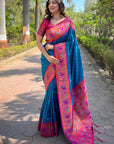 Blue Original Meenakari Muniya Paithani Silk Zari Woven Saree