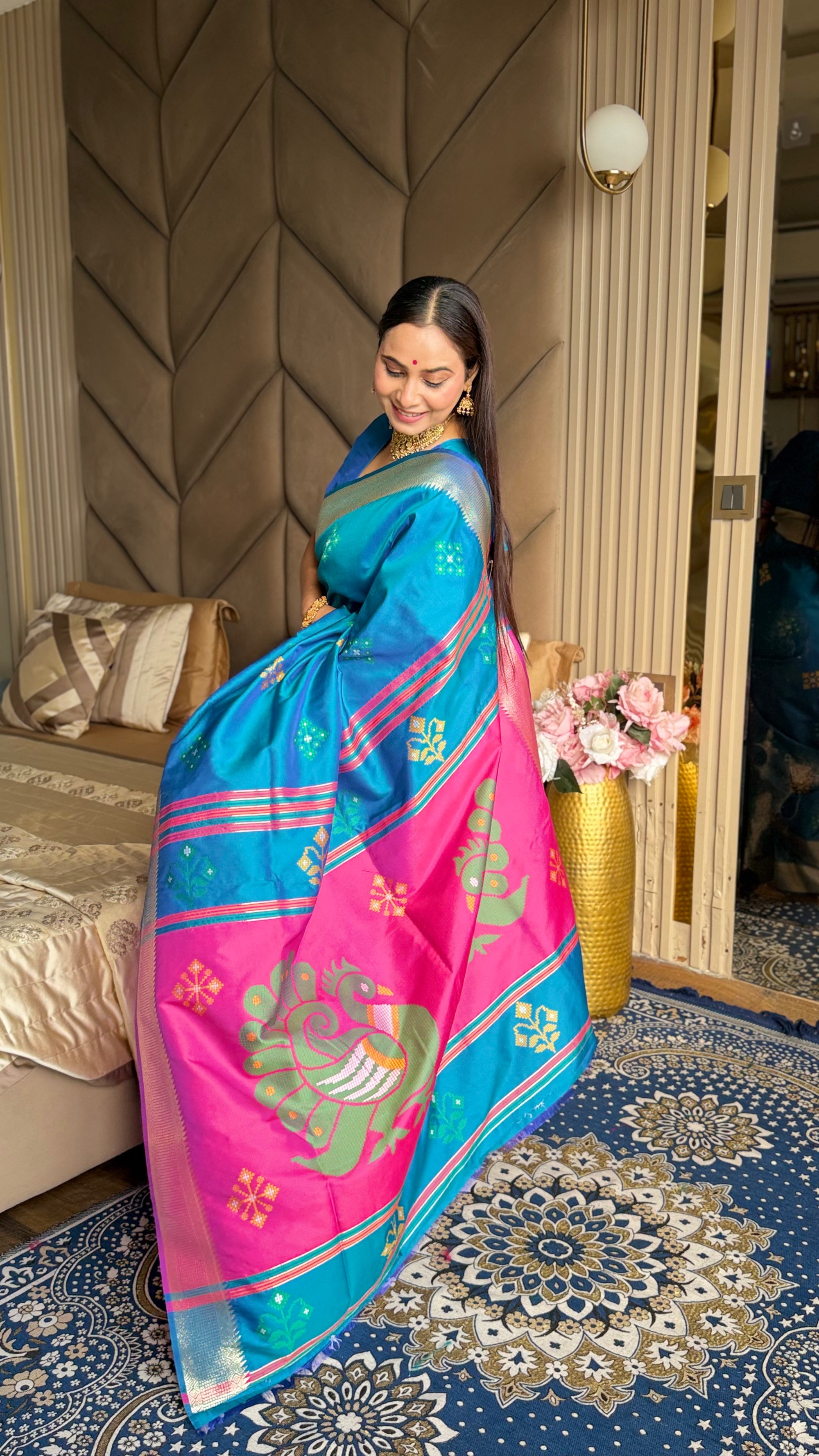 Rama Soft Silk Ikkat Patola Saree with Meenakari Motifs Peacock Pallu and Gold Zari Border